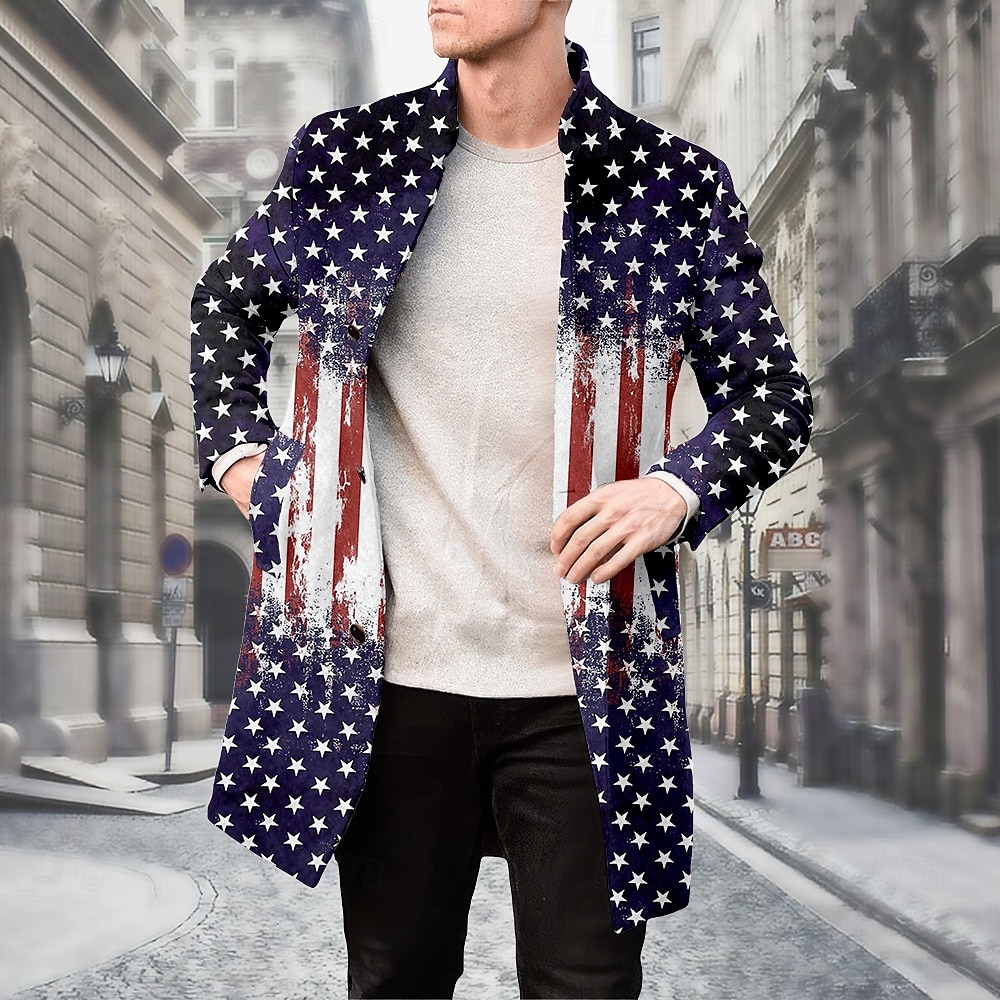 Herre Amerikansk amerikansk flagg Vinterfrakk Fleece-jakke Ytterfrakk Termisk Bekvem Fritid utendørs Gate Dagligdagstøy Knapper 3D-utskrift Lomme foran Vinter Aftæpning Langermet Blå 2025 - $67.99 –P1