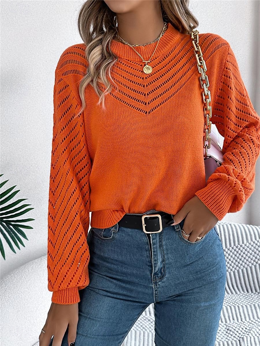 Per donna Felpa Pullover Maglione Informale Morbido Colore puro A coste Girocollo Traforato Lavorato a maglia Manica lunga Top regolari Maglia Esterno Giornaliero Fine settimana Bianco Arancione del 2025 a $45.99 –P11