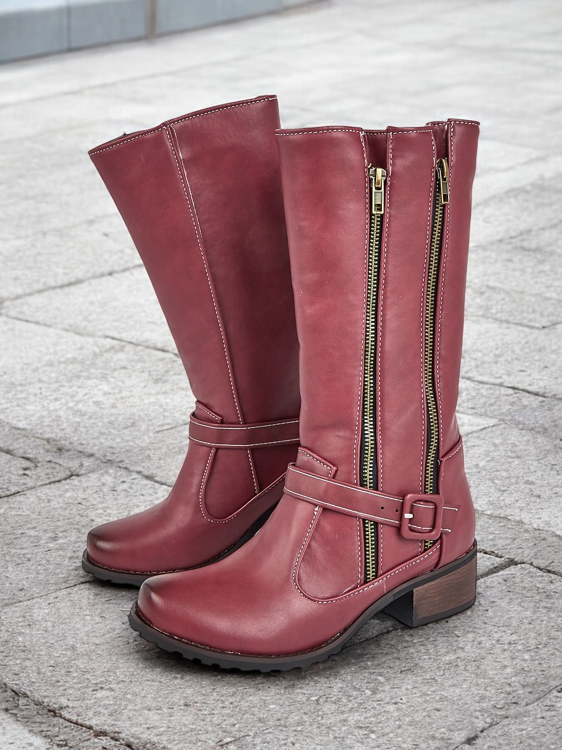 damskie buty ze skóry ekologicznej do połowy łydki z podwójnym zamkiem błyskawicznym i paskiem ze sprzączką – swobodny styl westernowy do noszenia na zewnątrz i na co dzień 2025 - $64.99 –P5