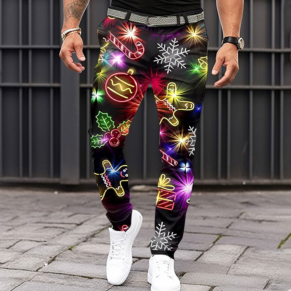 pantaloni stampati da uomo con scena natalizia, fiocco di neve, pan di zenzero, brutti, casual, tasca con cerniera, vita media, festa, abbigliamento quotidiano, vacanza, estate, primavera, autunno, del 2026 a $39.99 –P2