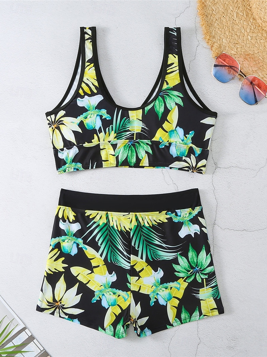 Dam Badkläder Bikini 2 st Pojkeben Baddräkt Öppen rygg Hög midja Smal Semester Standkläder Blommig Löv V-hals Ärmlös Baddräkter 2025 - $25.99 –P12