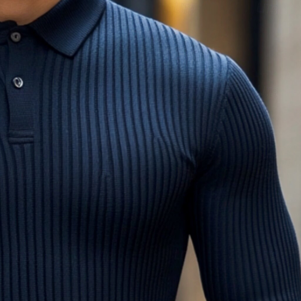 Men's Polo Shirts Rib Knit Top Business Casual Ribbed Polo Collar Long Sleeve Fashion Basic Solid Color Knitting Fall Winter Regular Fit White Navy Blue Army Green Gray Polo Shirts 2025 - $20.99 –P2