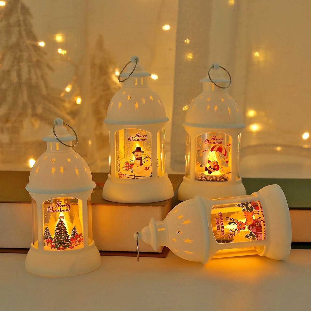 jul retro slott led levande ljus, batteridriven tomte  & snögubbe lykta festlig inredning för jul, nyår  & träd prydnad 2025 - $9.49 –P6