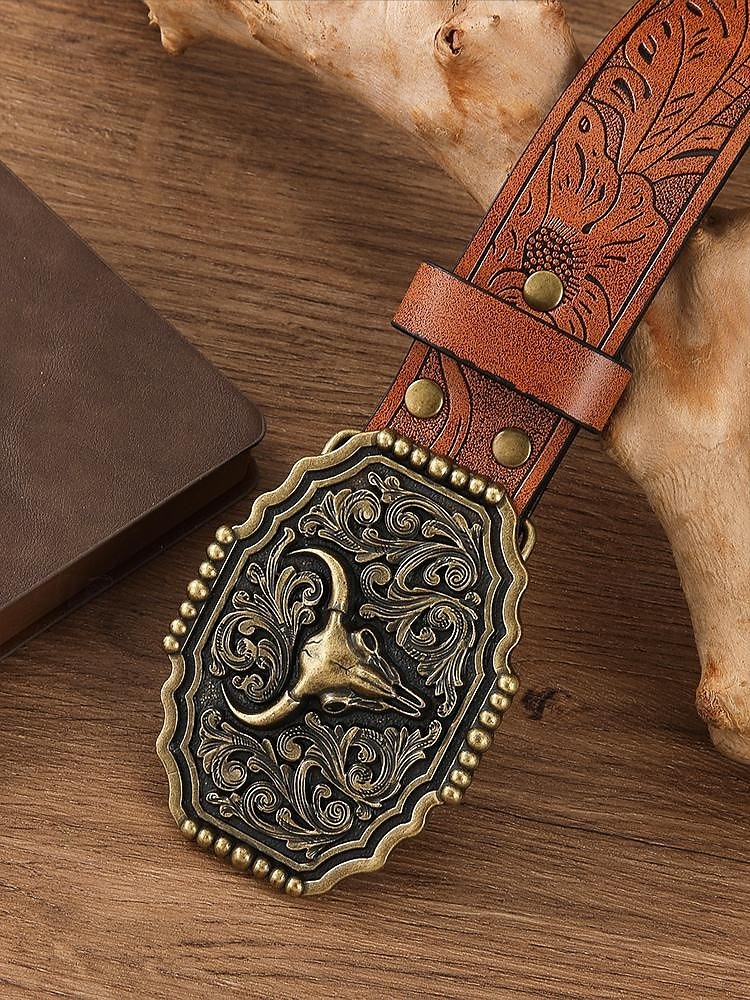 Men's Western Faux Leather Belt with Embossed Floral Design and Bull Head Buckle – Vintage Cowboy Style 2025 - $19.99 –P5