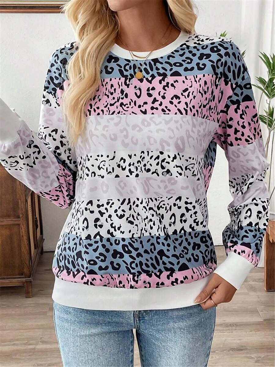 dámská mikina leopard street denní nošení potisk ležérní posádka výstřih dlouhý rukáv mikroelastický podzimní zimní komfrt prodyšná měkká tkanina 2025 - $24.99 –P1