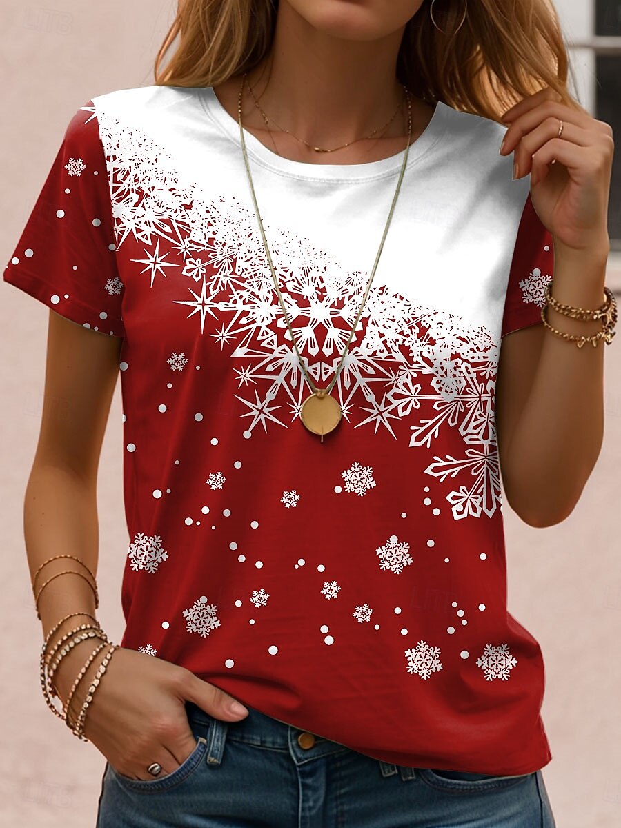 Camiseta de mujer con estampado de copos de nieve en degradado manga corta cuello redondo top casual de verano rojo y blanco ajuste cómodo para uso diario moda de vacaciones 2025 - $19.99 –P1