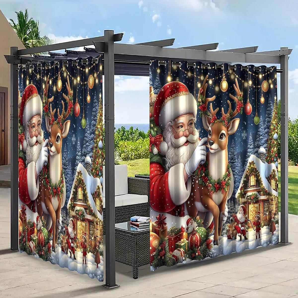vánoční ozdoby santa voděodolný venkovní závěs soukromí, posuvné závěsy na terasu, závěsy na pergolu, průchodka pro altán, balkon, veranda, párty, 1 panel 2025 - $42.99 –P10