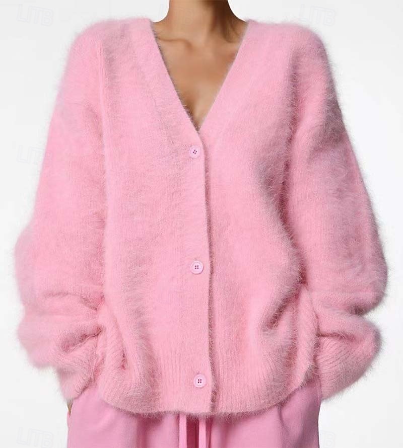 dam oversize cardigan fuzzy v-ringad stickad höst vinter arbete helg elegant mode streetwear långärmad enfärgad rosa ljusgrå 2025 - $52.99 –P1