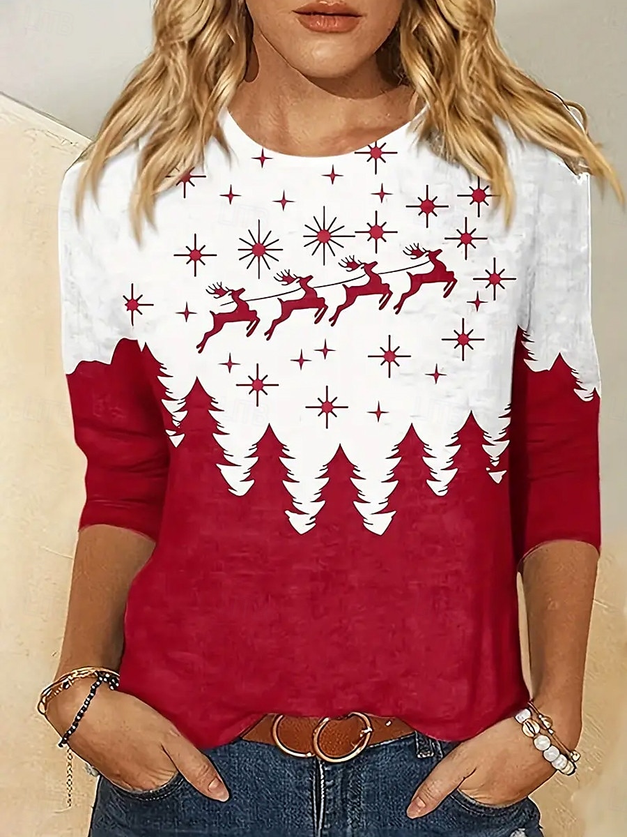 Camiseta de mujer con estampado de renos, pinos y estrellas, manga larga, cuello redondo, rojo, blanco, informal, festivo, ropa de fiesta 2025 - $22.99 –P1
