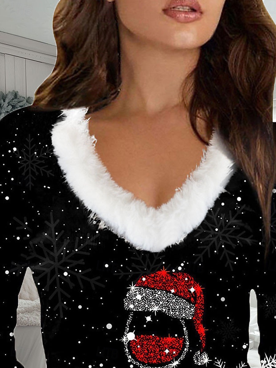 Blusa de mujer sudadera cuello pico blanco ribete de piel santa adorno de lentejuelas manga larga invierno vacaciones moda punto rojo negro fiesta casual corte regular acogedor suave 2025 - $27.99 –P2
