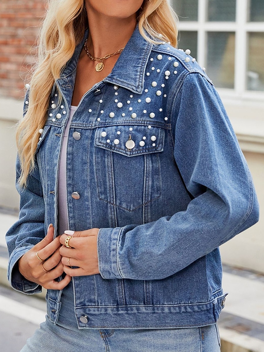 Dam Jeansjacka Utomhus Gata Dagliga kläder Höst Vinter Kort Täcka Normal Håller värmen Andningsfunktion Stylish Ledigt Jacka Långärmad Ensfärgat Med fickor Pärlor Svart Blå 2025 - $62.99 –P6