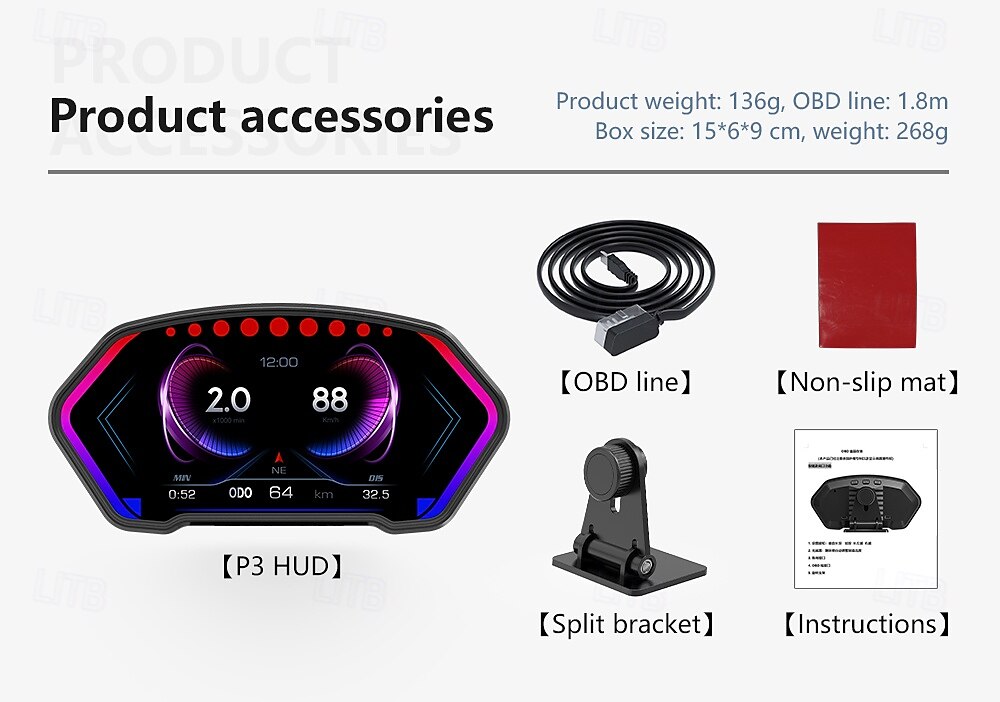 2025年 p3 gps スピードメーター hud obd2 ヘッドアップディスプレイ オンボードコンピューター 車の電圧 rpm 水温 傾斜計 アラームゲージ付き  コレクション – $118.99 –P20