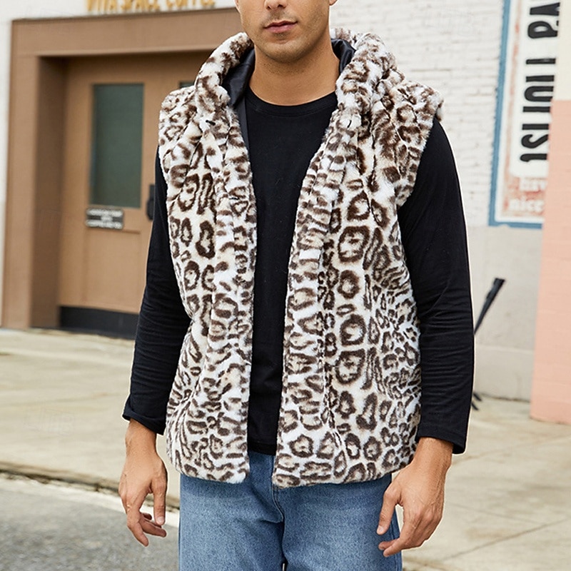 Men's Vest Faux Fur Gilet Daily Date Vacation Fashion Casual Fall & Winter Keep Warm Polyester Comfortable Leopard Print Cardigan Stand Collar Regular Fit White Yellow Brown Vest 2026 - $41.99 –P8