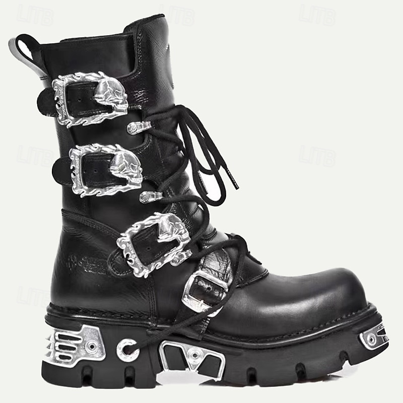 Men's Black Gothic Steampunk Combat Boots with Skull Buckle Accents - Premium Cowhide Leather for Cosplay and Biker Style 2026 - $179.99 –P1