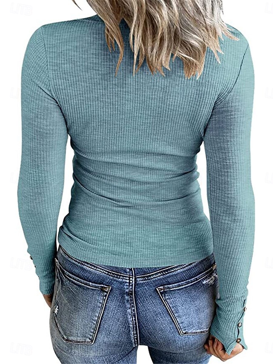 Dam T-shirt Slät Mode Modern Ledigt Långärmad Rund hals Vanliga toppar Dagligen Helgen Knappar Blå Brun Grå Höst Vinter 2025 - $29.99 –P2