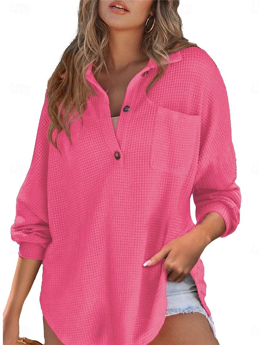 Dames Overhemd Blouse Effen Kleur Basic Casual Lange mouw Overhemdkraag Lange tops Dagelijks Knop Zak Zwart Fuchsia Groen Beige Herfst Winter 2025 - $24.99 –P3
