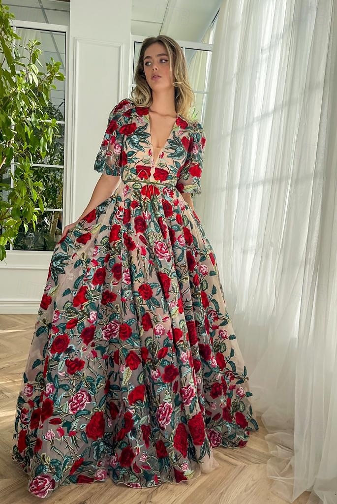 Floral Rose Embroidered A-Line Prom Dresses Elegant Dress Formal Christmas Floor Length Short Sleeve V Neck Belt / Sash Tulle with Floral Print 2024 2024 - GBP £174 –P1