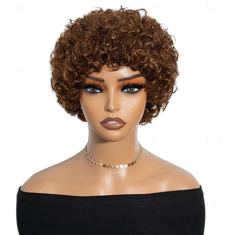 parrucche brasiliane corte pixie afro ricce e crespe per donne parrucca bob castana senza colla con frangia parrucca di capelli umani da 6 pollici del 2025 a $57.99 –P6