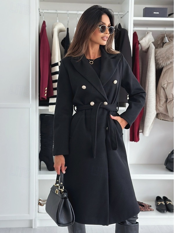 Mujer Abrigo Mantiene abrigado Cómodo Botones Con cinturón Elegante Color sólido Casual Diario Botonadura Doble Escote en Pico Ajuste regular Manga Larga Ropa de calle Negro Caqui Albaricoque Invierno 2025 - $52.99 –P1