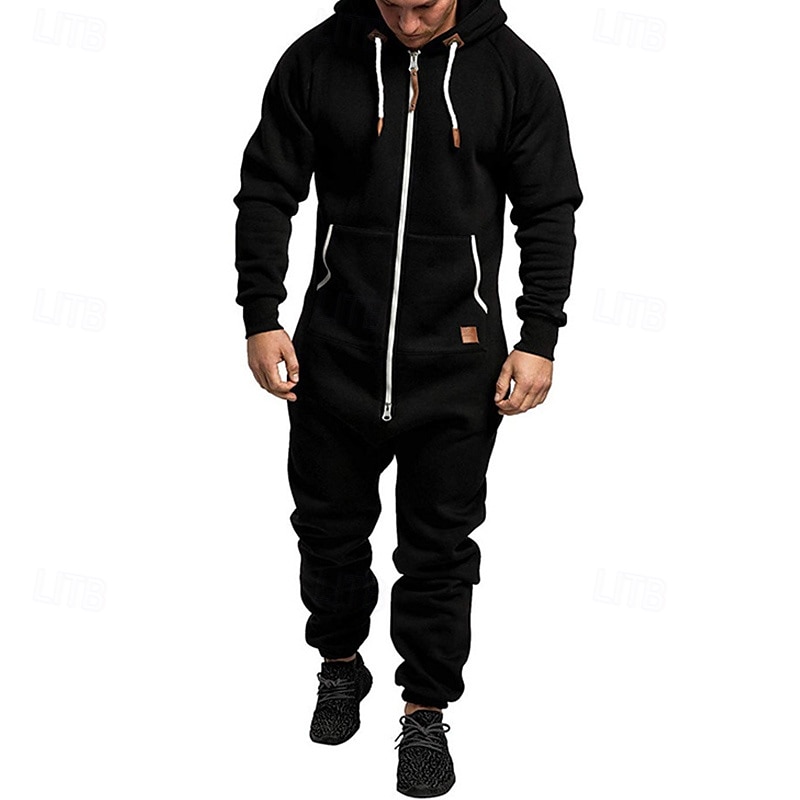 Men's Tracksuit Jumpsuit Full Zip One-piece Casual Fall Long Sleeve Thermal Warm Soft Fitness Gym Workout Running Sportswear Activewear Solid Colored Dark Grey Dark Khaki Black 2025 - $31.99 –P2