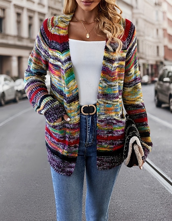 Femme Pull Chandail Gilet Cardigan Décontractées Flexible Rayé A côtes Ouvrir le devant Poche Tricoté manche longue Hauts réguliers Tricoter Extérieur du quotidien Fin de semaine Rouge Bleu Automne de 2025 ? $72.99 –P5