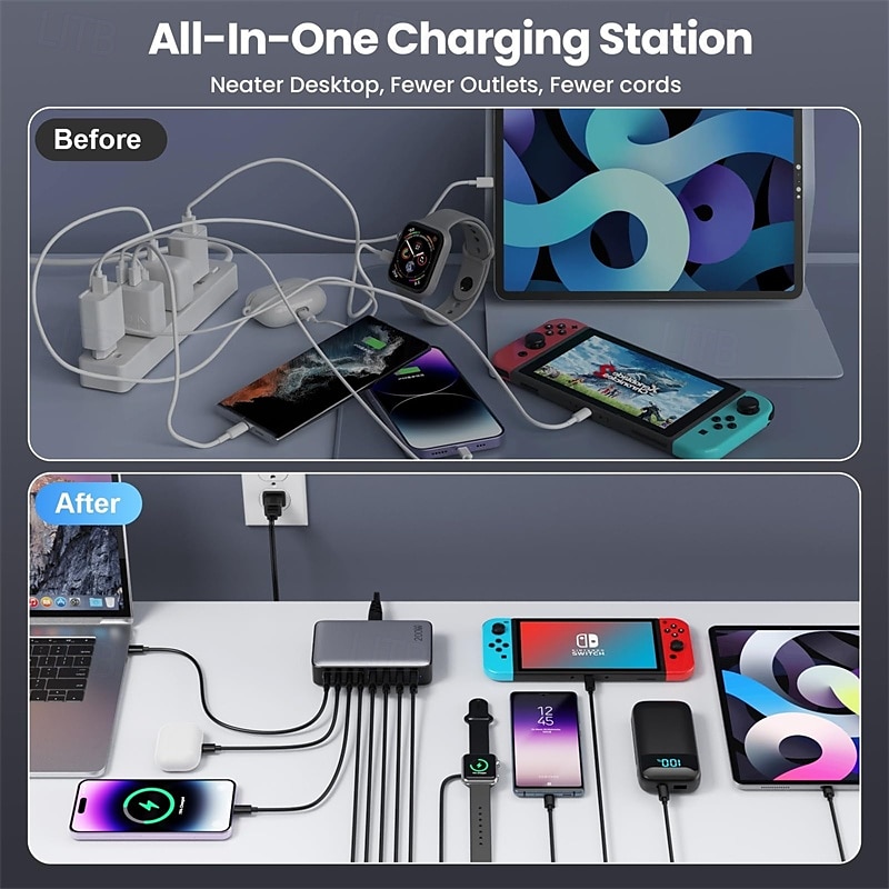 200 Вт usb c зарядное устройство блок gan 8-портовый usb c быстрая зарядная станция pps pd 65 Вт ноутбук зарядное устройство адаптер 2025 - $87.99 –P4