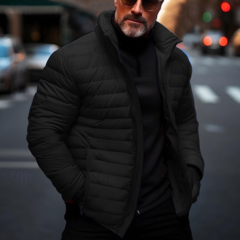 Men's Winter Coat Puffer Jacket Quilted Jacket Transition Jacket Pocket Cotton Pocket Vacation Daily Wear Date Regular Fashion Casual Comfortable Thermal Warm Fall & Winter Solid / Plain Color Black 2025 - $30.99 –P4