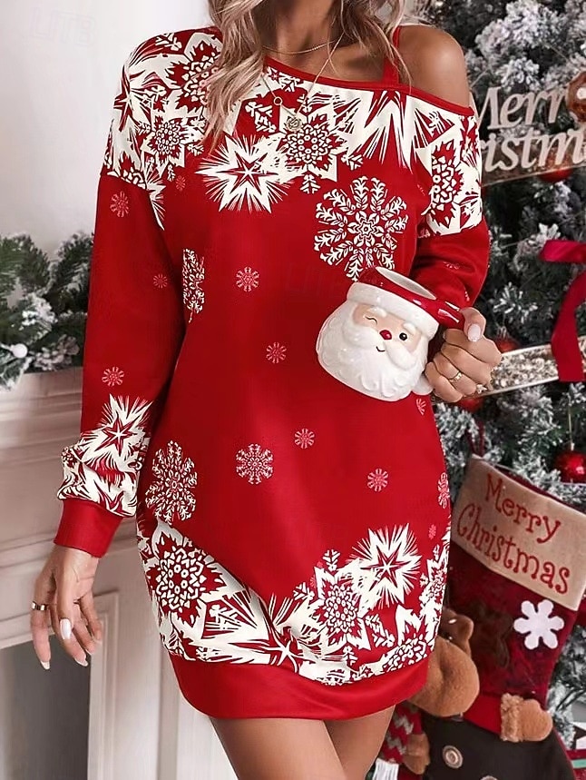 Flocon de Neige Robe Sweat à capuche Femme Noël Nouvel an la veille de Noël Le style mignon Epaules Dénudées Adultes Soirée Noël Robe de 2025 ? $23.99 –P2