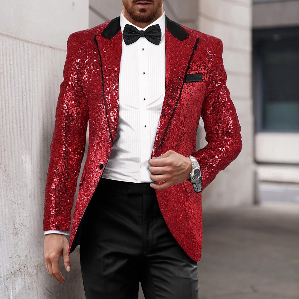 Herr Kavajjacka Smoking Lyx Glittriga Lappverk Solid färg Blazer Svart Silver Rubinrött Standardpassform Singelknäppt 1 Knapp 2025 - $61.99 –P7