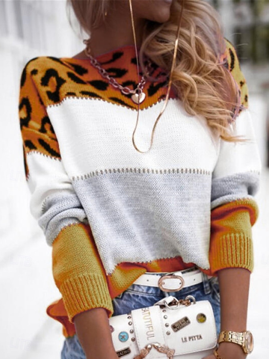 Dame Genser Pullover genser Fritid Myk Leopard Riflet Crew-hals Strikket Trykt mønster Langermet Vanlige topper Strikke utendørs Daglig Helg Gul Rosa Høst Vinter 2025 - $47.99 –P9
