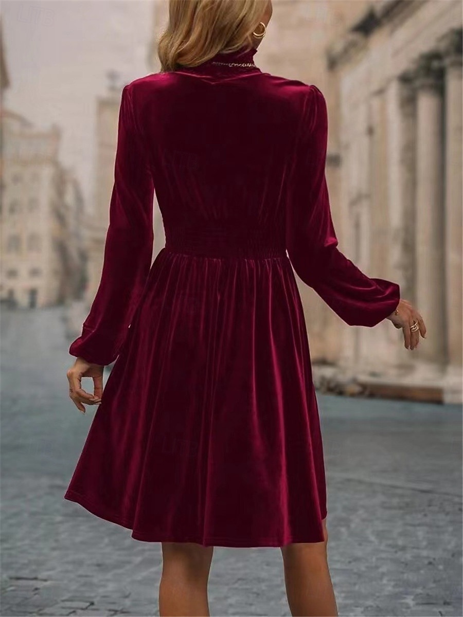 Women's Velvet Dress High Neck Long Sleeve Cinched Waistline Elegant Green Knee-Length Festive Party Wear Winter Clothing Apparel 2025 - $42.99 –P5