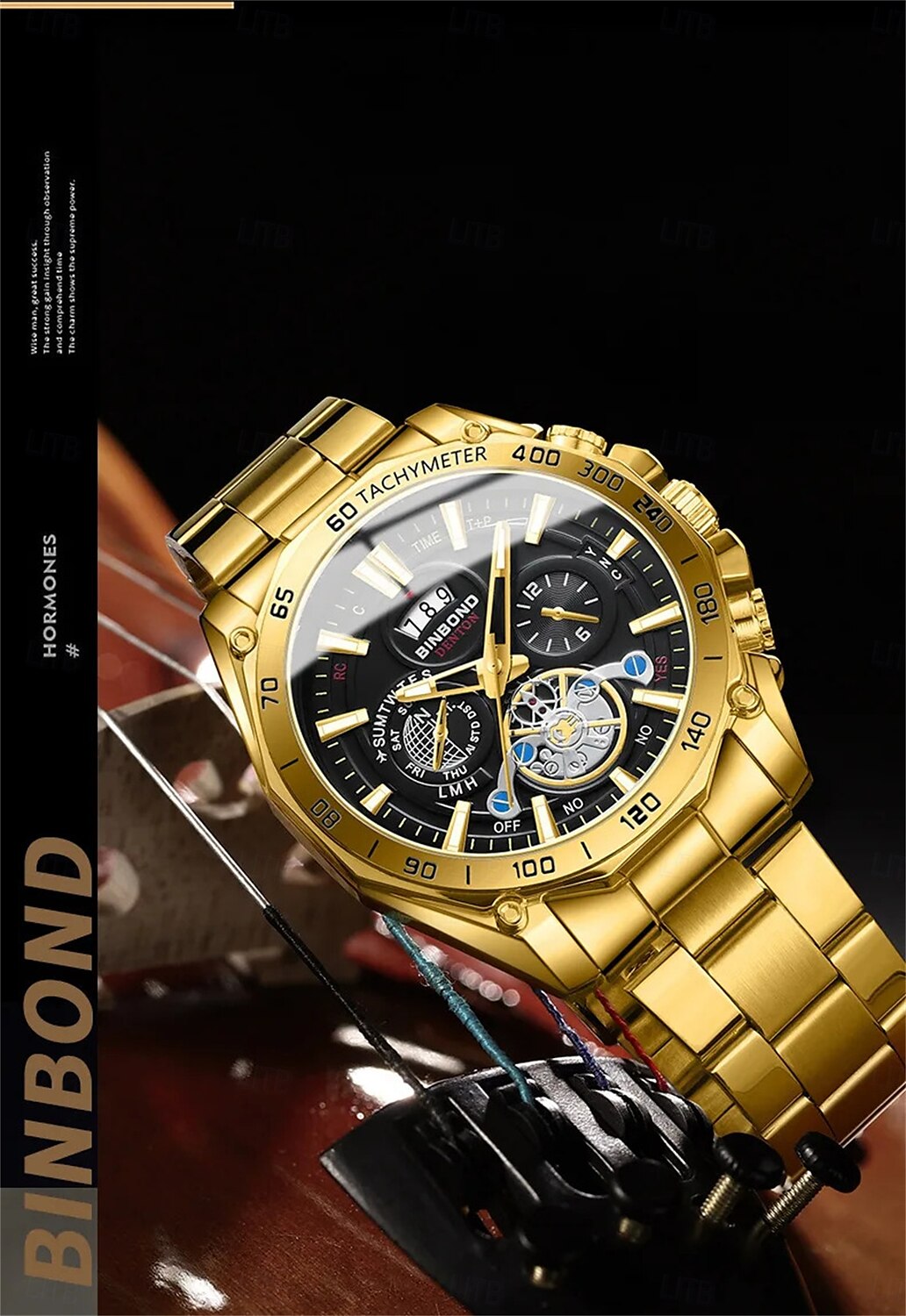 BINBOND Luxury Gold Watch Men Round Japan Quartz stainless steel Waterproof Sports Automatic Date Wrist Quartz Watch B4750 2025 - $25.99 –P3