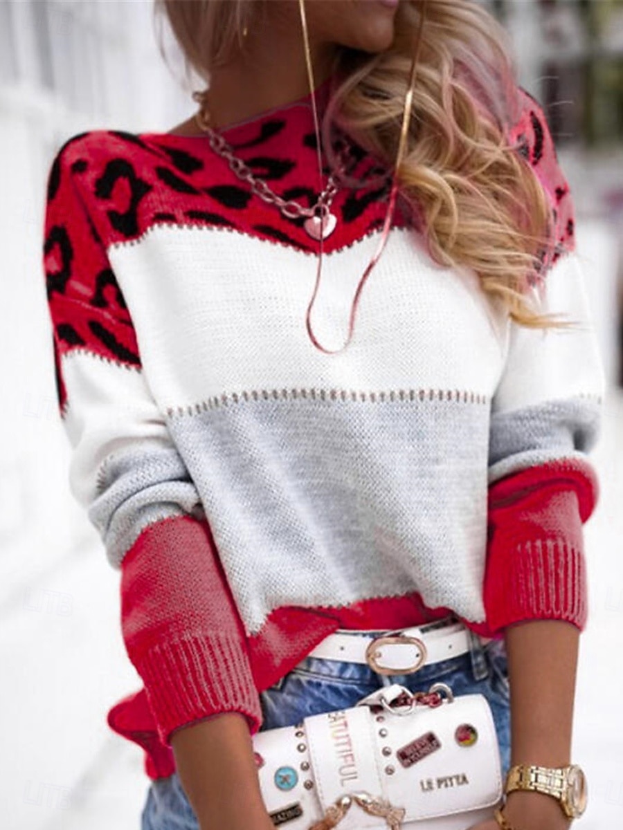 Dame Genser Pullover genser Fritid Myk Leopard Riflet Crew-hals Strikket Trykt mønster Langermet Vanlige topper Strikke utendørs Daglig Helg Gul Rosa Høst Vinter 2025 - $47.99 –P8