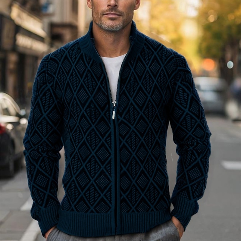 Herren Strickjacke Zip Pullover Reißverschluss Grobstricken Stricken Standard Zip Tasche Geometrisch Stehkragen Strickware Elegant Heim Arbeit Bekleidung Bischof Frühling Herbst Schwarz Marineblau M 2025 - $34.99 –P5