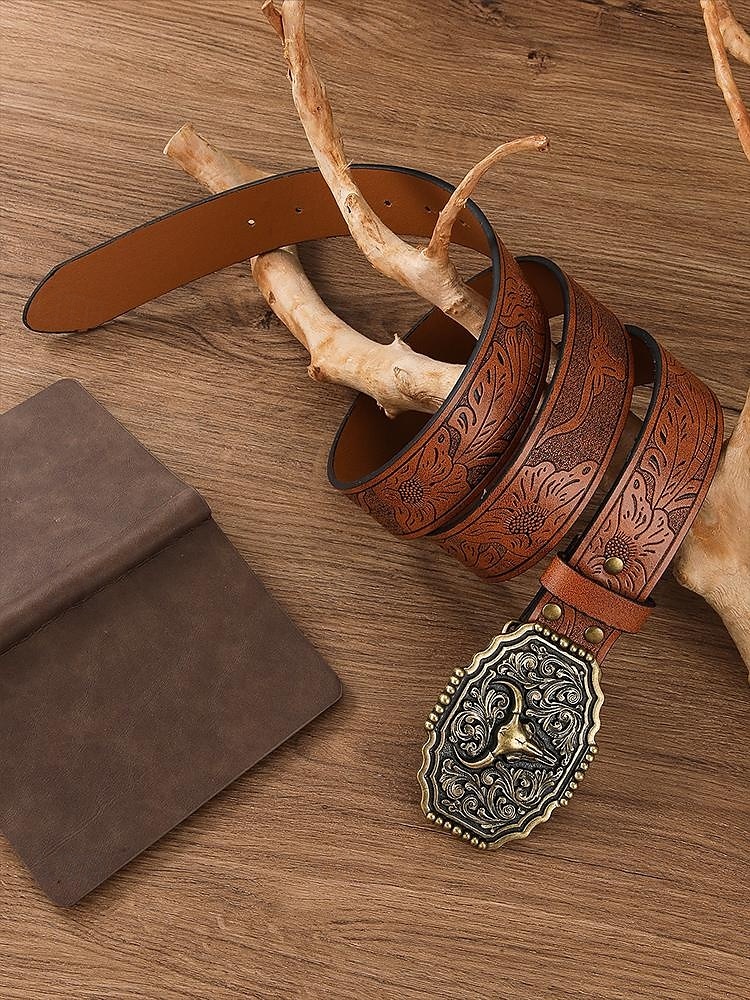 Men's Western Faux Leather Belt with Embossed Floral Design and Bull Head Buckle – Vintage Cowboy Style 2025 - $19.99 –P4