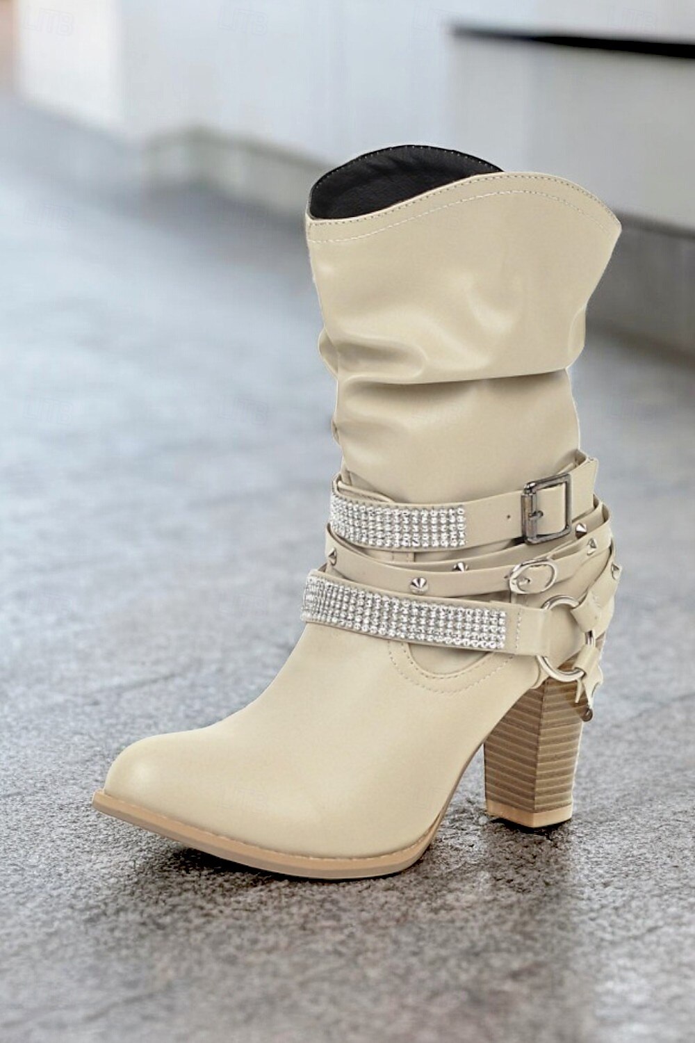 braune, lässige Stiefel mit halbhoher Sohle und Nietenriemen sowie Strassverzierungen für Damen – High Heel im Westernstil für Partys und die Freizeit 2025 - $64.99 –P4