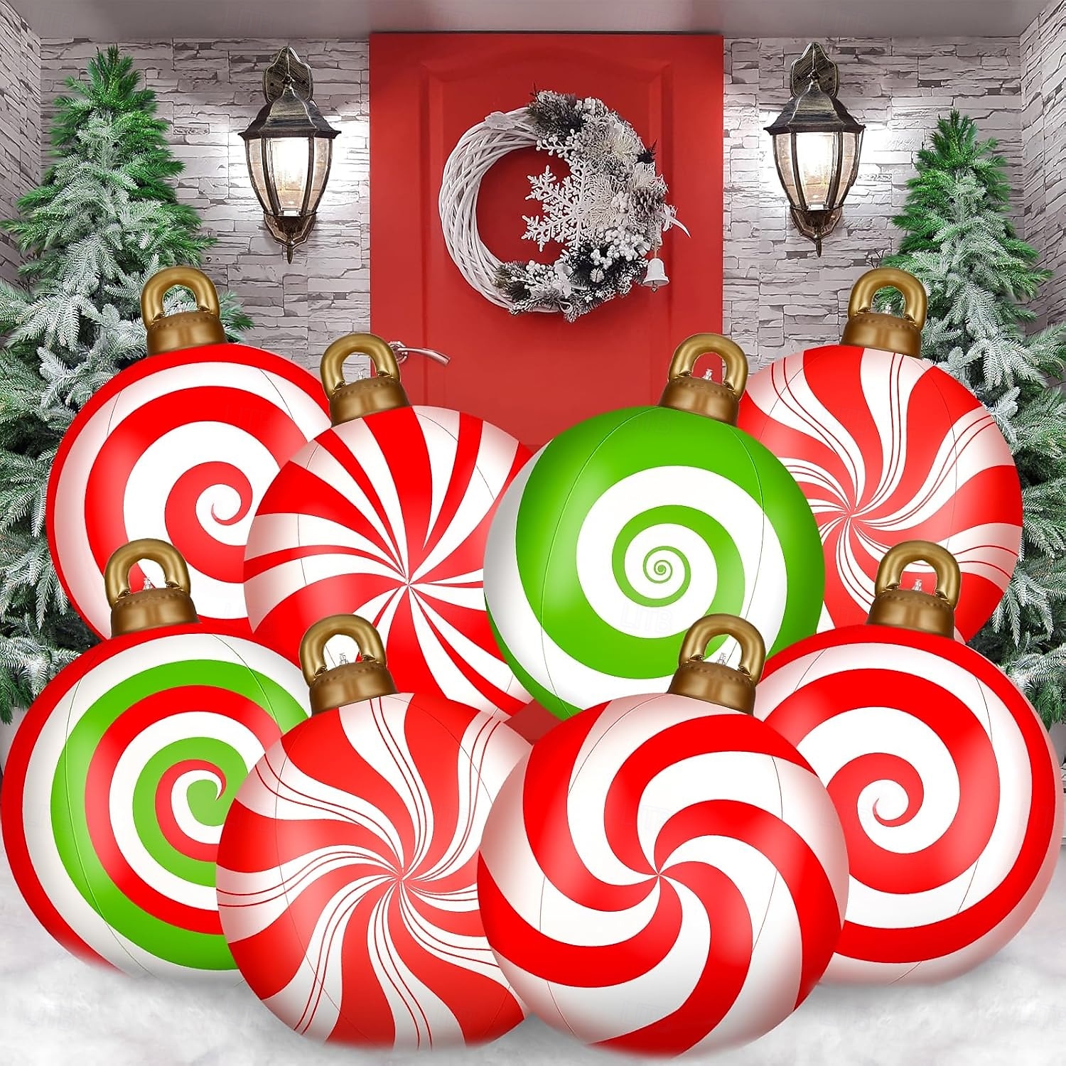 palla gonfiabile decorata per esterni di Natale da 60 cm (23,6 pollici) enormi ornamenti di Natale grandi palline di caramelle alla menta piperita per albero cortile prato giardino portico palline gonfiabili ornamenti con pompa del 2025 a $19.99 –P3