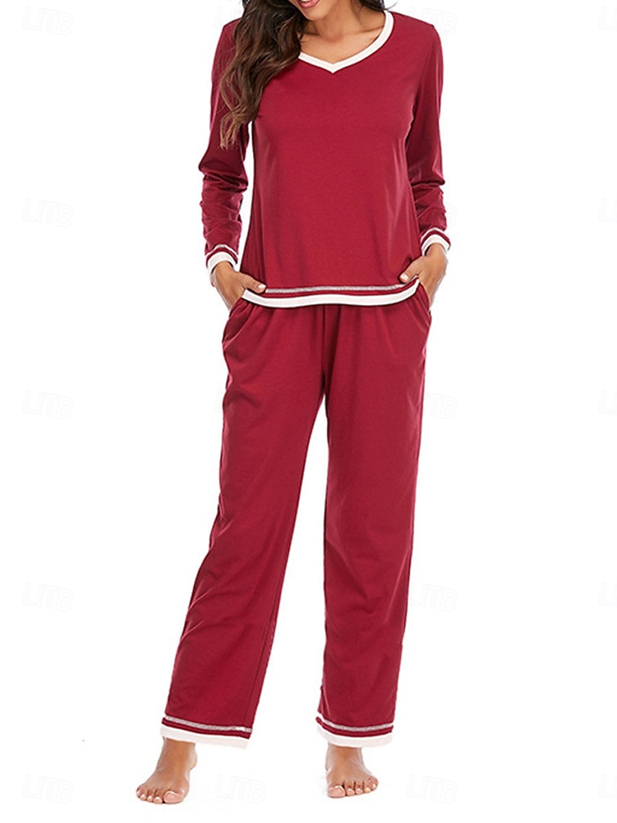 set de pijamale de damă culoare pură casual confort acasă zilnic confort din bumbac cald cu gâtul turnat tricou cu mânecă lungă pantaloni talie elastică ținute de toamnă iarnă acasă 2026 - $41.99 –P1