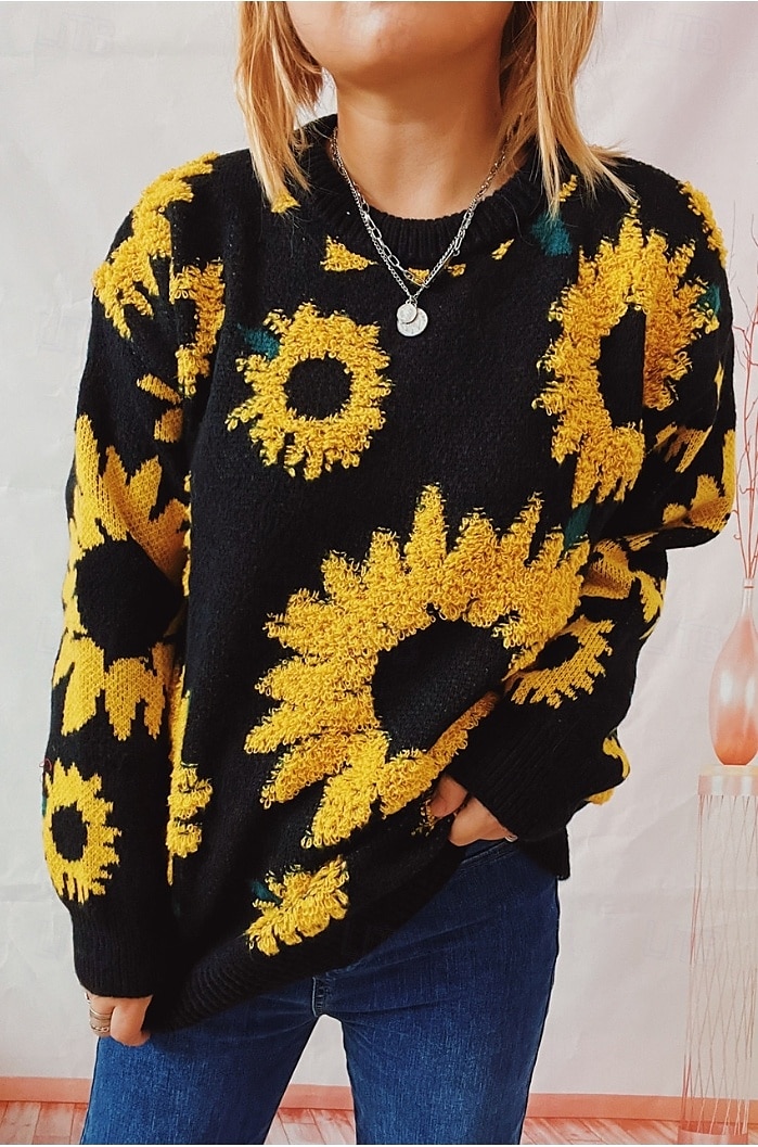 Women's Sweater Pullover Sweater Jumper Casual Soft Floral Ribbed Crew Neck Knitted Long Sleeve Regular Tops Knit Outdoor Daily Weekend Black Blue Fall Winter 2025 - $52.99 –P1
