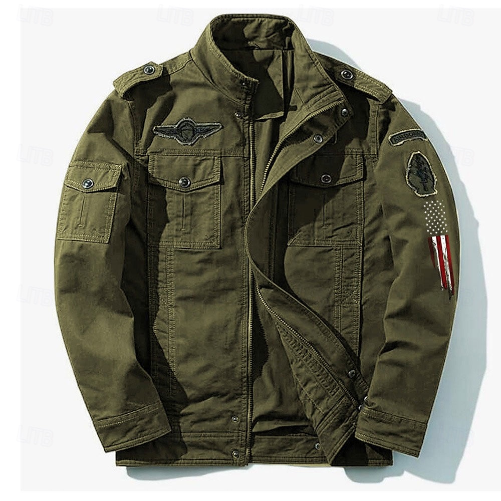 Chaqueta militar bordada de algodón para hombre, chaqueta cargo con tirantes, manga larga, cuello alto, multibolsillos, chaqueta de camionero, estampado de bandera de EE. UU., ropa exterior táctica 2025 - $49.99 –P1