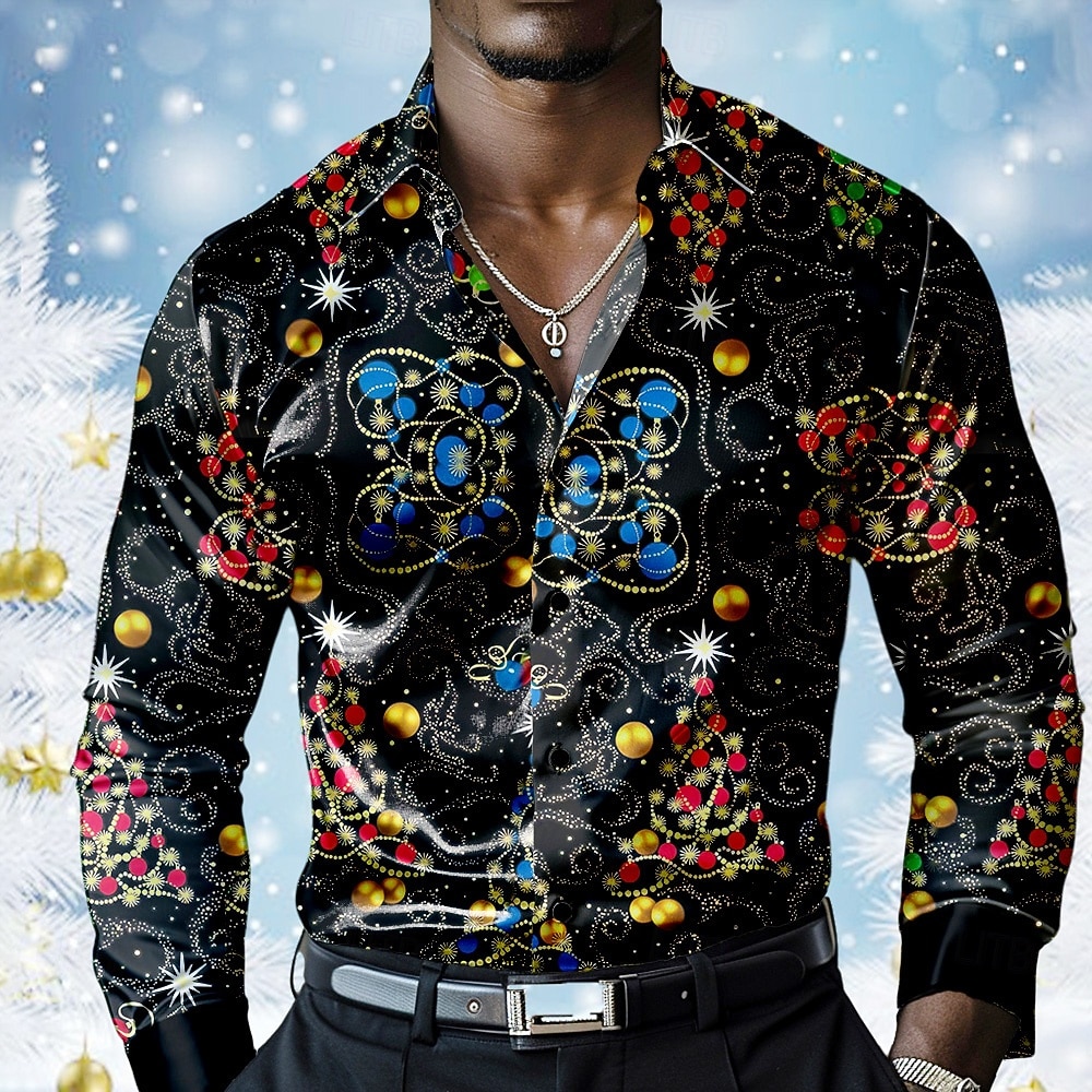 Natale Per uomo Camicia in raso Camicie Manica lunga Informale Da mare Abiti da sera per feste Da giorno Estate Primavera Autunno Camicie con colletto Stampa 3D Nero del 2025 a $28.99 –P1