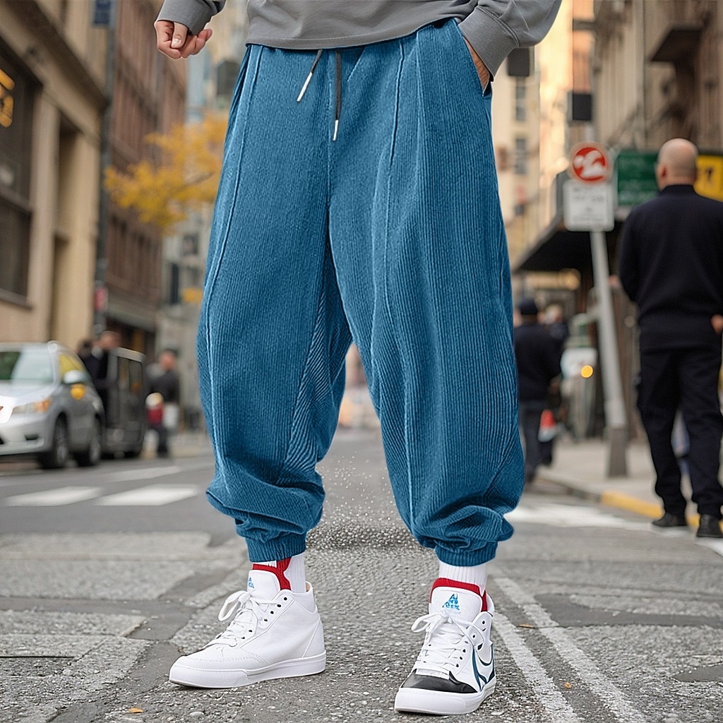 Homens Corredor Calças de Veludo Calças Com Cordão Cintura elástica Punho com Elástico Tecido Conforto Respirável Comprimento total Casual Diário Feriado Esportes Moda Ajuste Largo Preto Azul Marinha de 2026 por $24.99 –P4