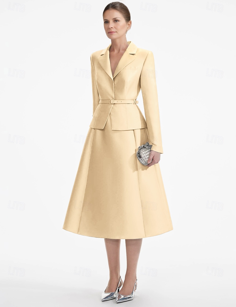 Blazer Kleid Zweiteilig A-Linie Champagner Kleid Smoking Kleid Elegant V-Ausschnitt Tee-Länge Satin Lange Ärmel mit Uni-Farbe Derby Kleider 2025 2025 - $159.99 –P4