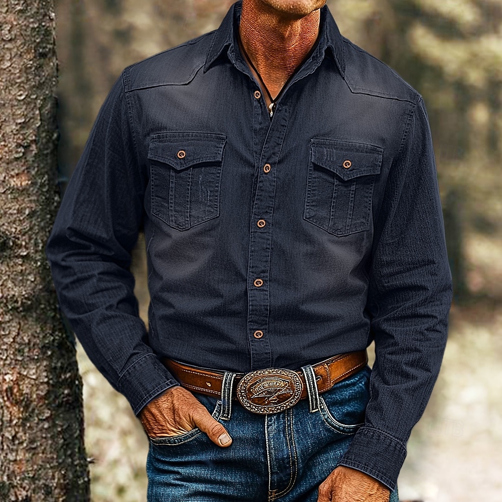 Per uomo Camicia Camicia in calicò Maglietta informale Camicia con bottoni Camicia di jeans Liscio Giornaliero Da mare Blu chiaro Nero Blu Grigio scuro Manica lunga Colletto Primavera estate del 2025 a $31.99 –P5