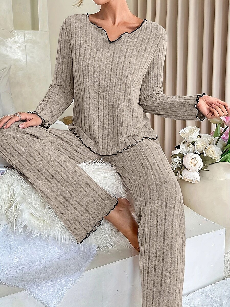 Women's Pajama Set Pure Color Casual Comfort Home Daily Comfort Warm V Neck Long Sleeve T shirt Pant Elastic Waist Fall Winter Home Outfits 2025 - $31.99 –P2