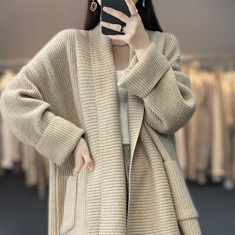 2025年 女性用 カーディガン 日常 純色 オープンフロント ニット 長袖 ロングトップス ニット ワーク キャメル ダックグレー 秋 冬  コレクション – $39.99 –P4