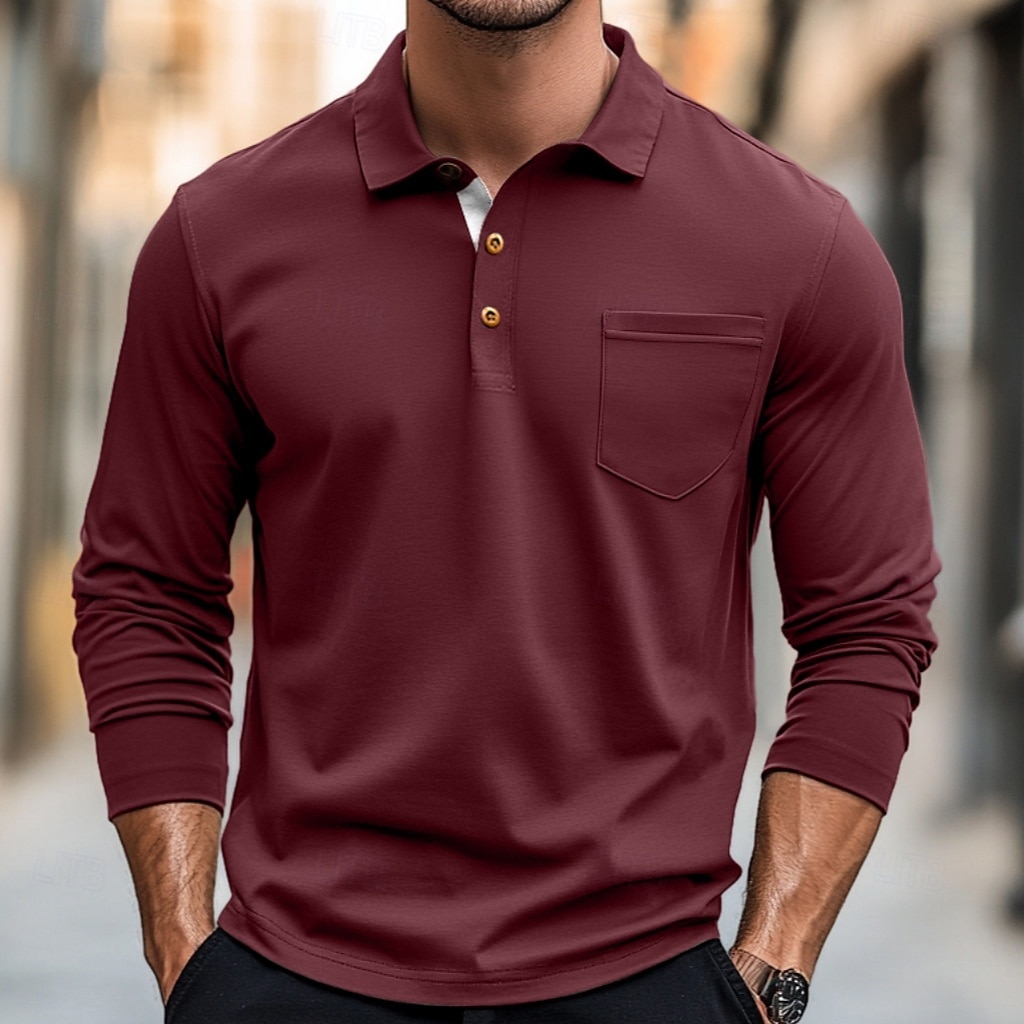 100% Cotton Men's Polo Shirt Golf Polo Formal Work Classic Long Sleeve Color Block Button Summer Spring & Fall Army Green Dark Grey Black Burgundy Navy Blue Polo Shirt 2025 - $27.99 –P19
