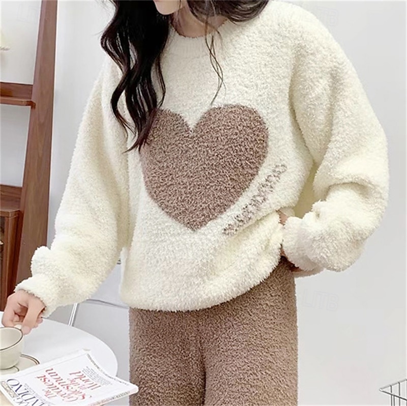 dam pyjamas loungewear 2 delar hjärtvärme komfort hem daglig fleece varm andas rund hals långärmad pullover byxa höst vinter hem outfits 2025 - $42.99 –P4