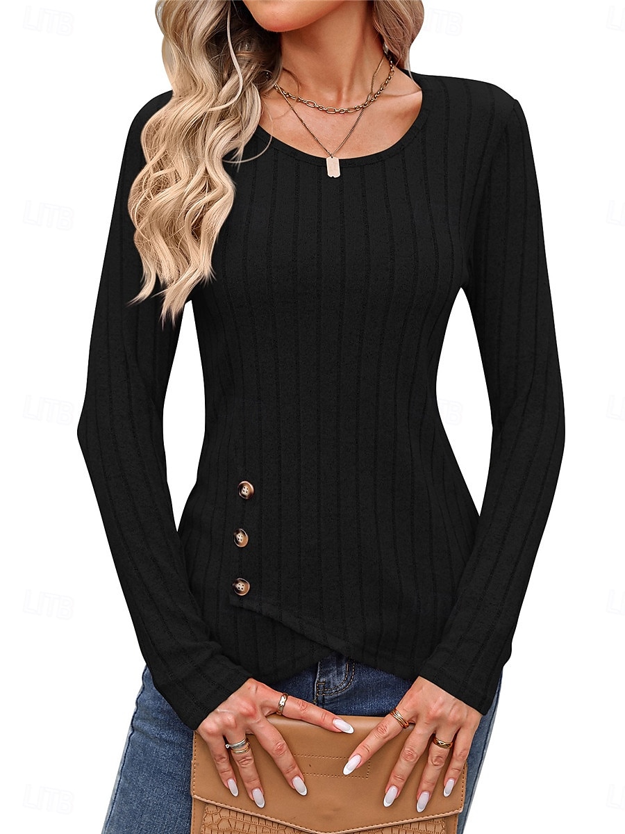 Women's Shirt Blouse Solid Color Basic Casual Long Sleeve Crew Neck Regular Tops Daily Buttons Black Brown Beige Gray Fall Winter 2025 - $25.99 –P8