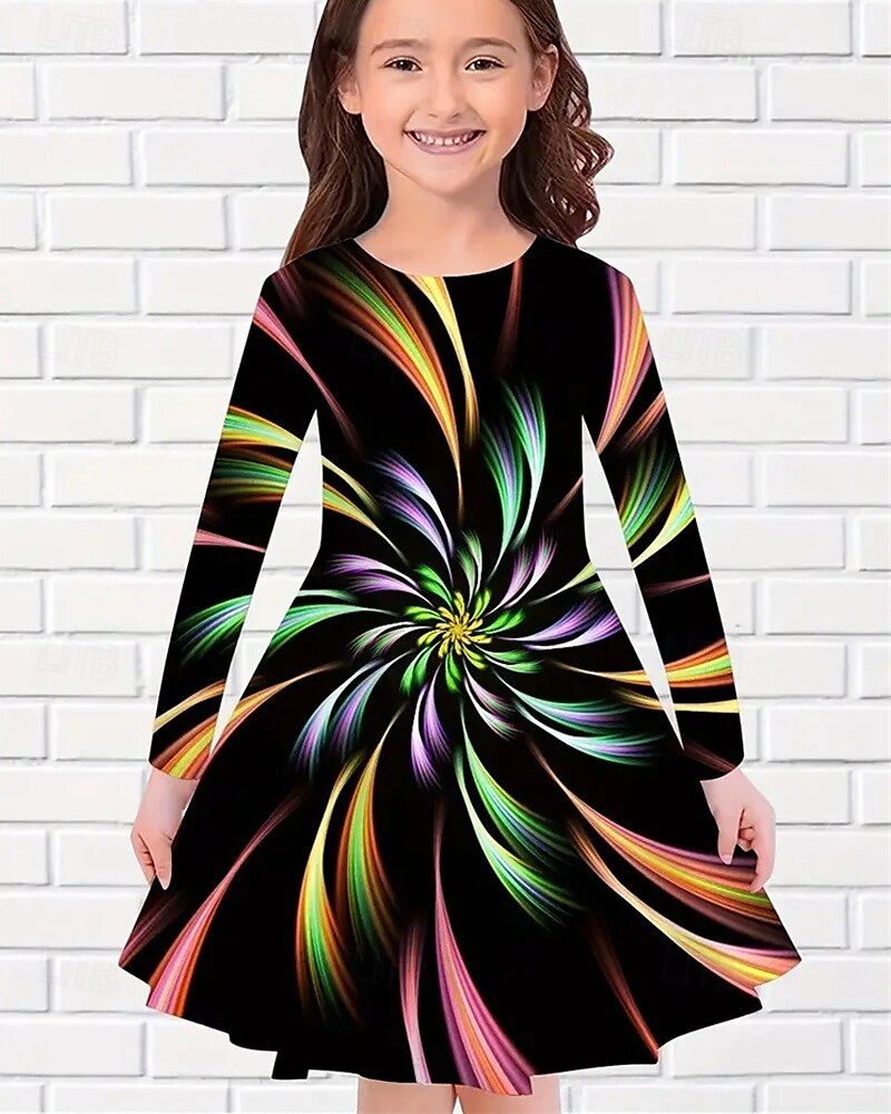 Tyttöjen 3D Kuvitettu Mekko Pitkähihainen Kesä Kevät Loma Päivittäin Pyhäpäivä Prinsessa Kaunis Makea Lapset 4-12 vuotta Rento mekko A linjainen mekko Polvipituinen Normaali 2025 - $16.99 –P4